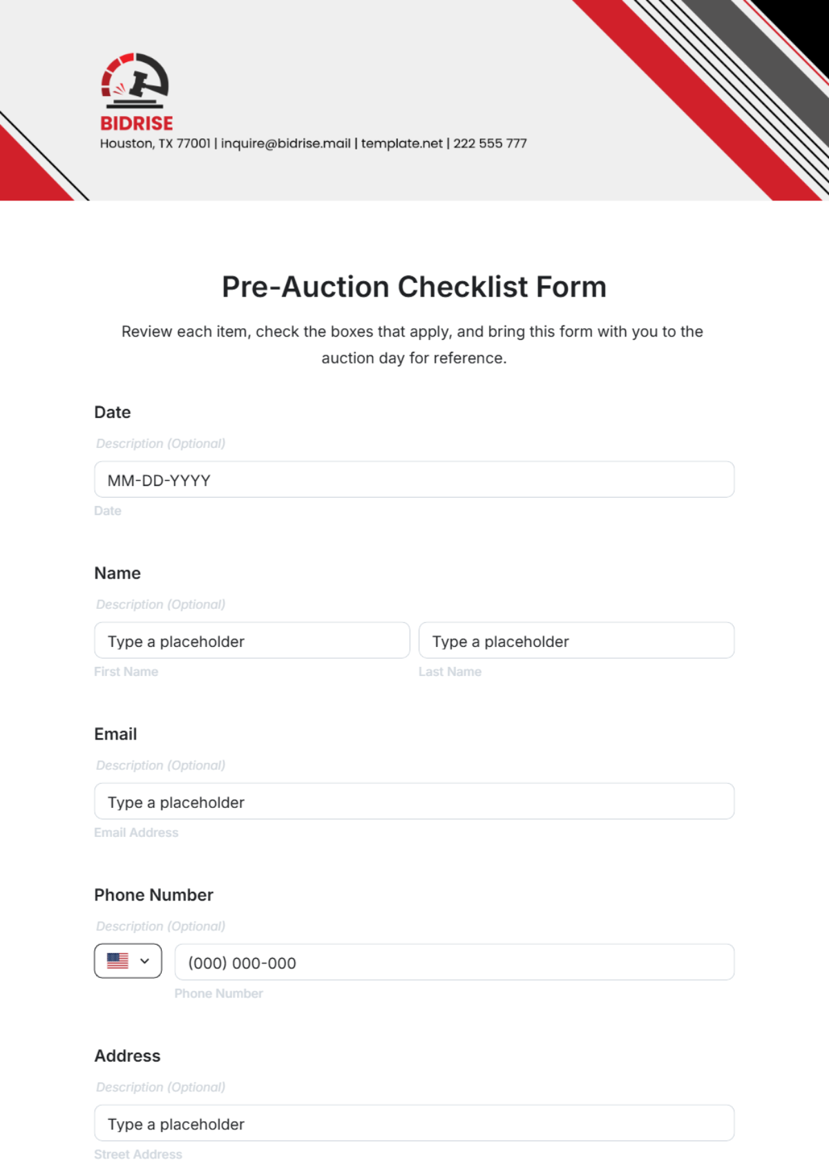 Pre-Auction Checklist Form Template