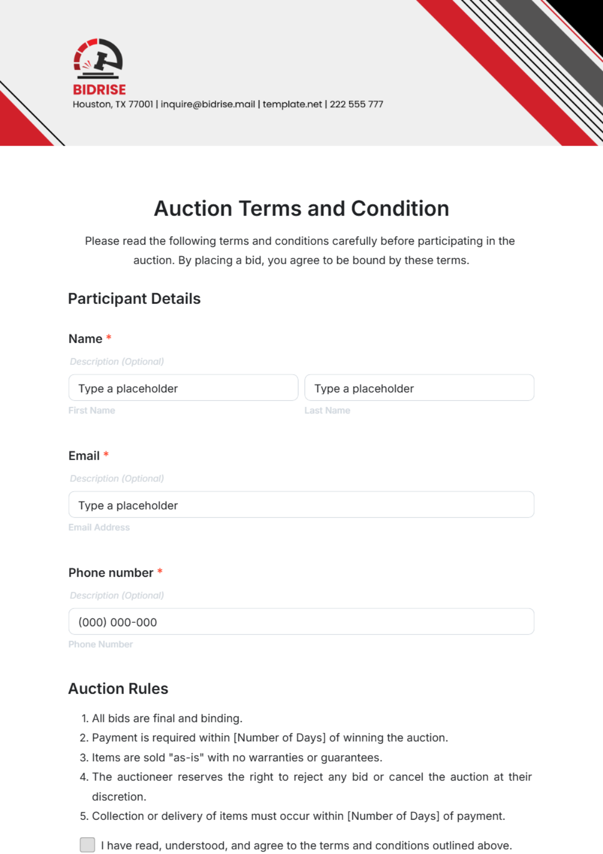 Auction Terms and Condition Template