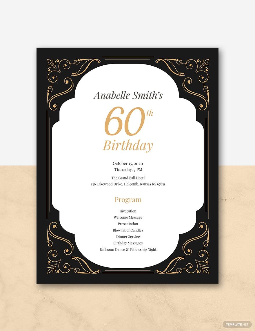60th Birthday Program Template in Word, Illustrator, PSD, Apple Pages, Publisher