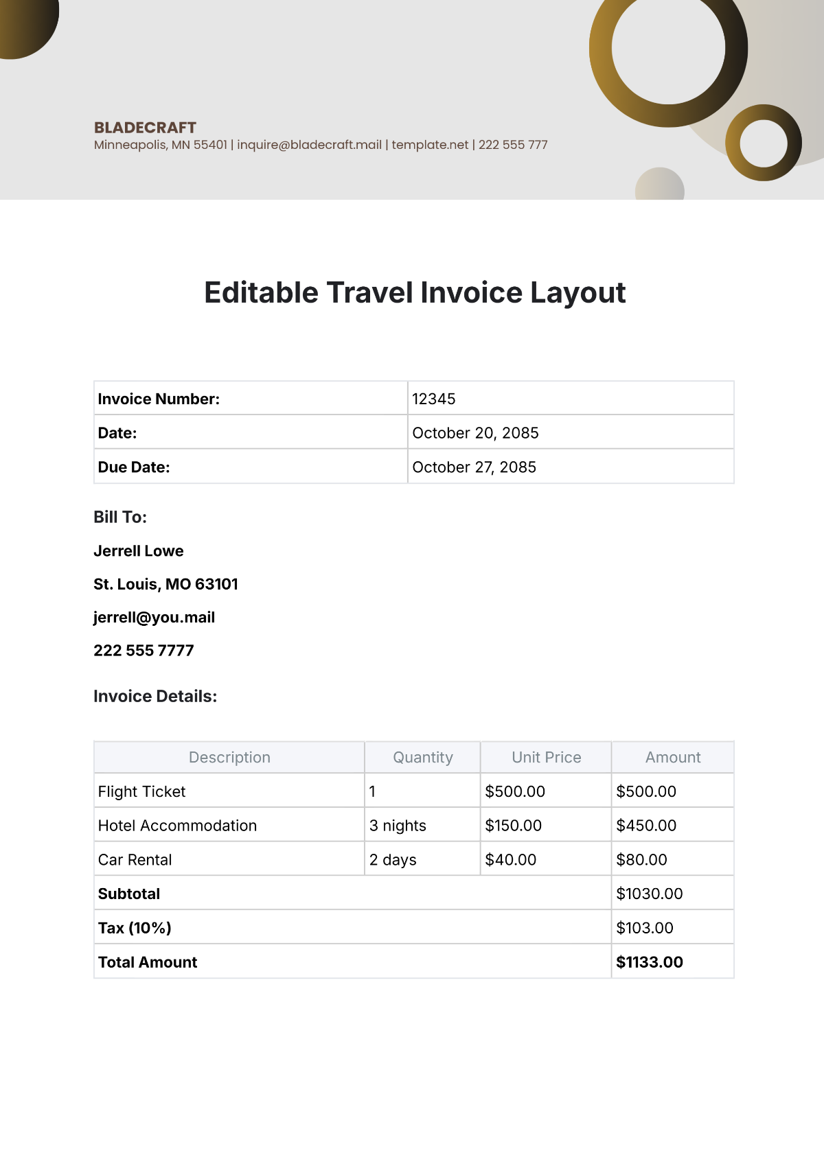 Editable Travel Invoice Layout Template - Edit Online & Download