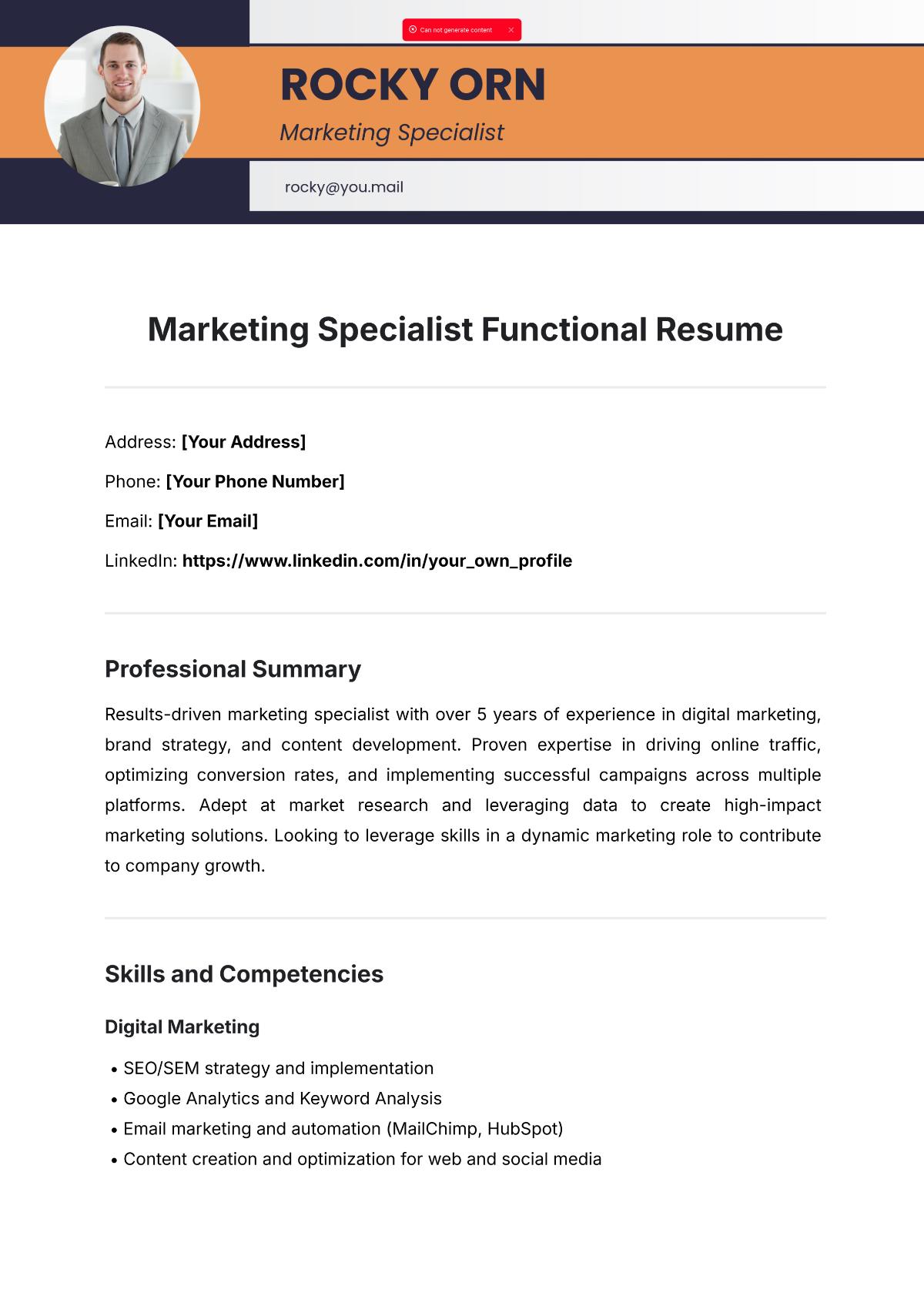 Marketing Specialist Functional Resume Template