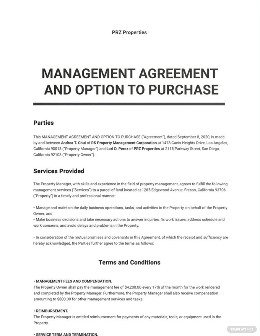 Free Management Agreement and Option to Purchase Template