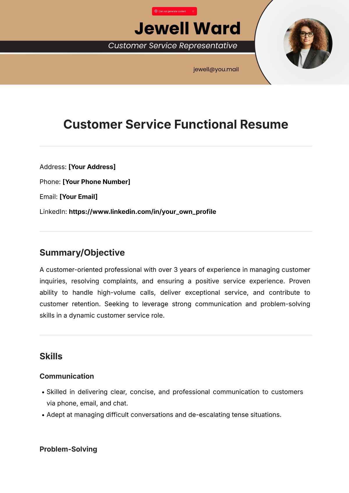 Customer Service Functional Resume Template - Edit Online & Download