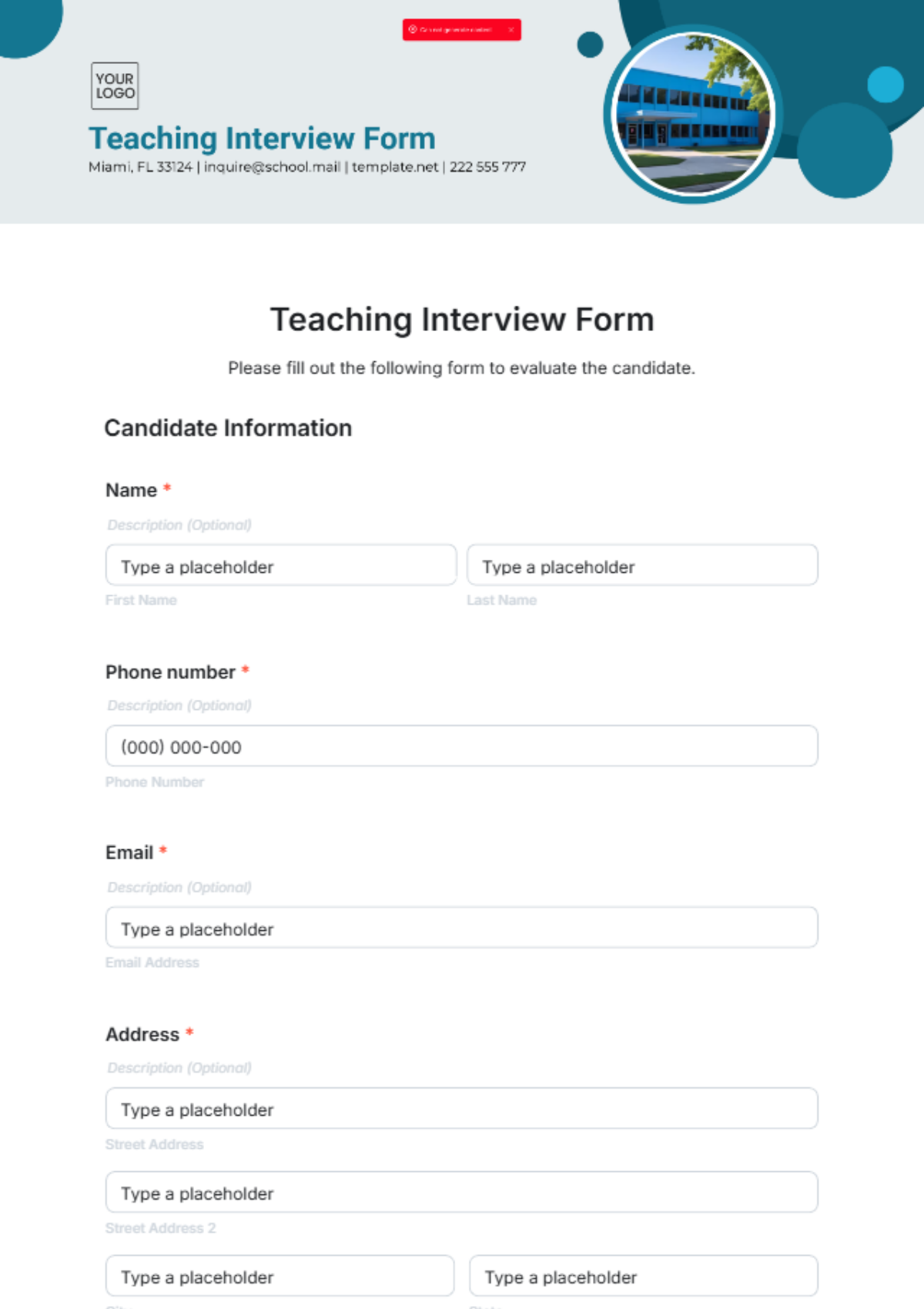 Teaching Interview Form Template