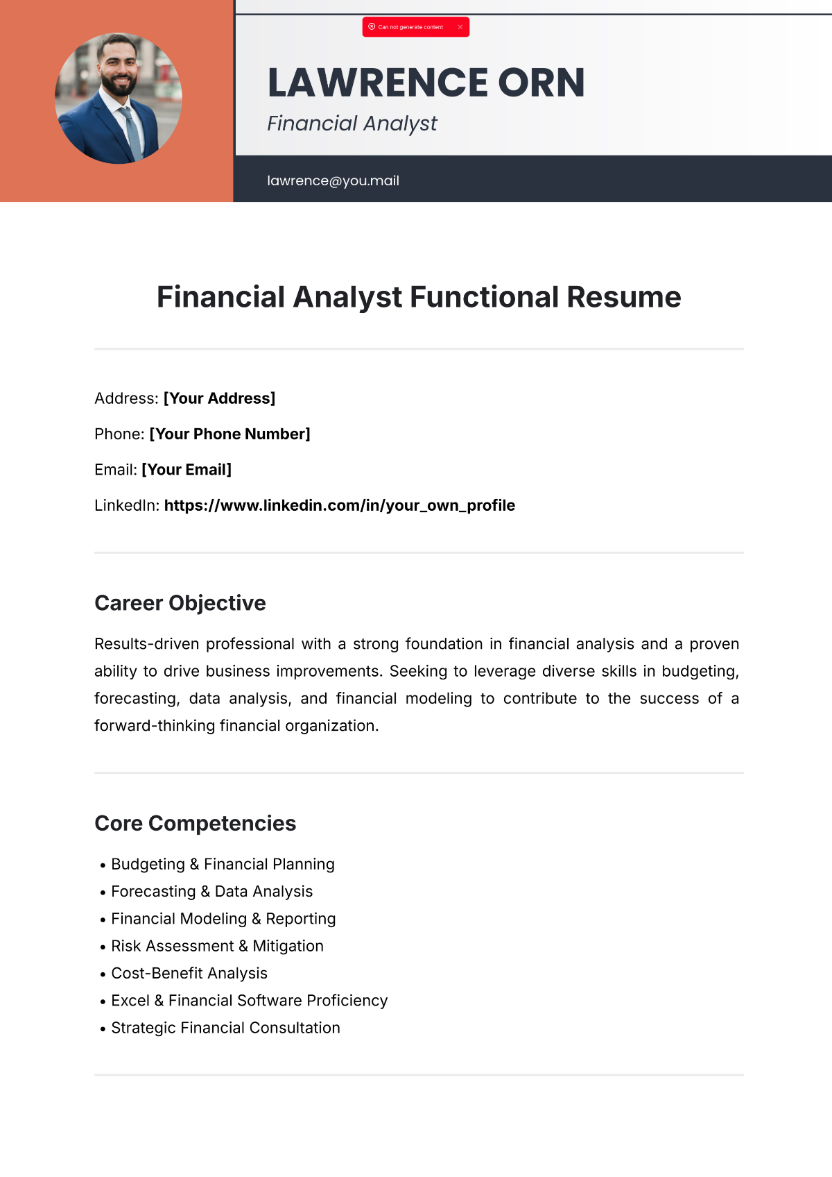 Financial Analyst Functional Resume Template - Edit Online & Download