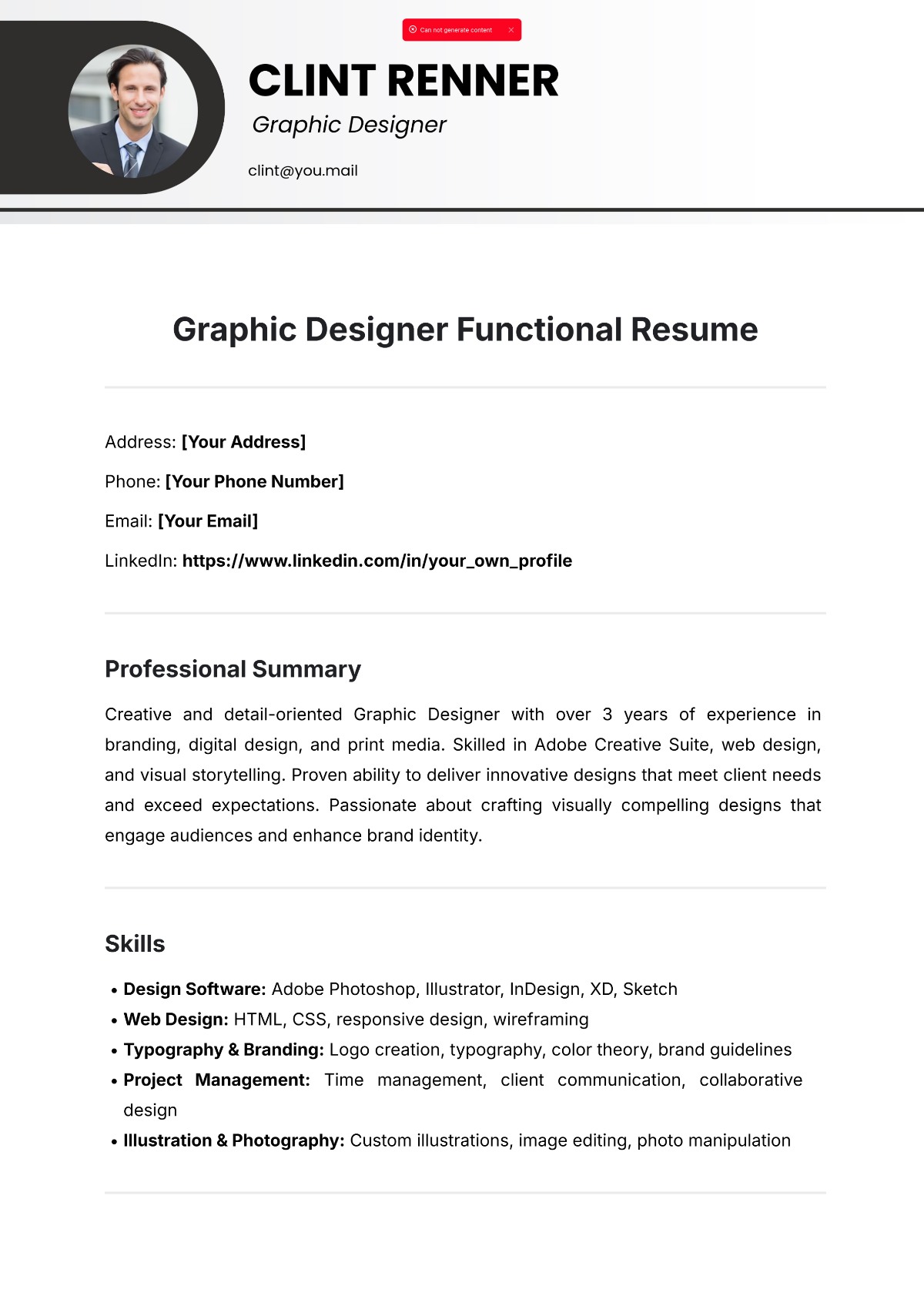 Graphic Designer Functional Resume Template - Edit Online & Download