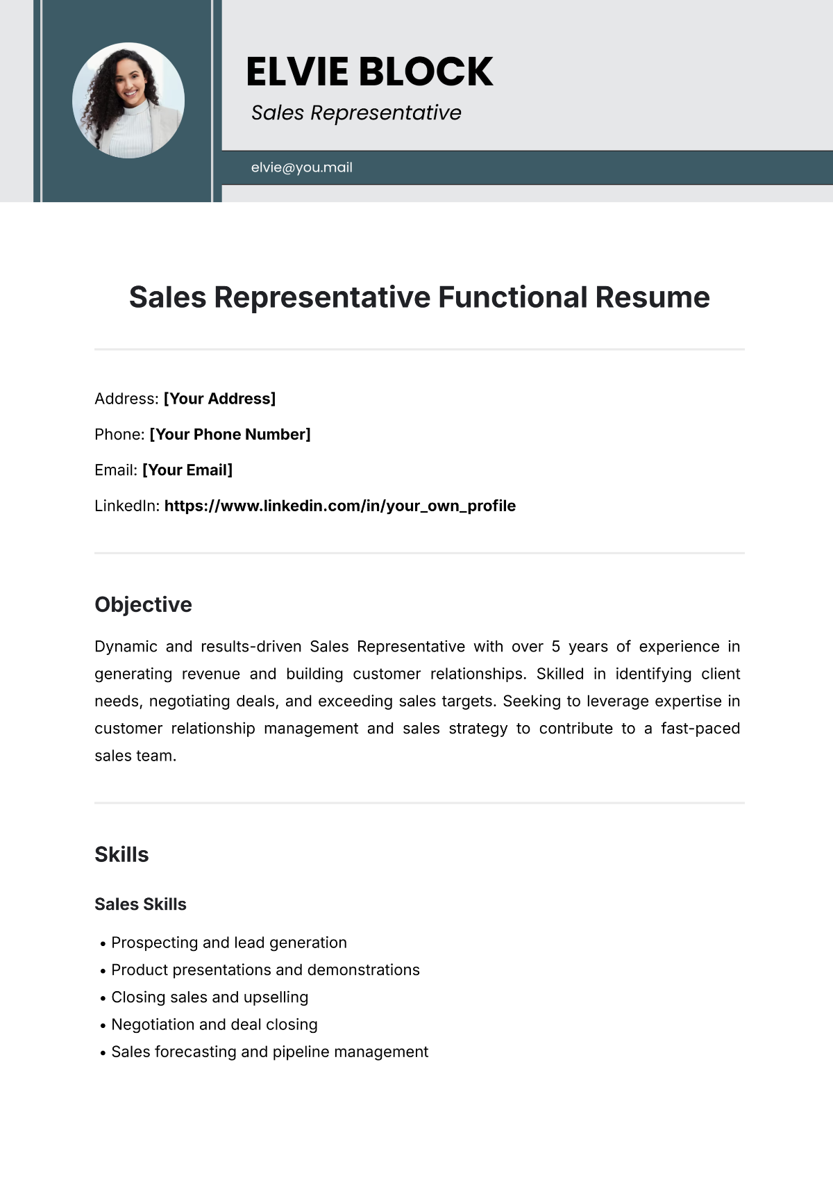 Sales Representative Functional Resume Template - Edit Online & Download