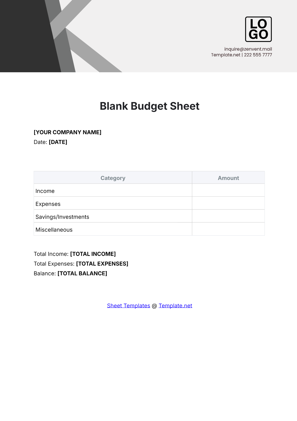 Blank Budget Sheet Template - Edit Online & Download