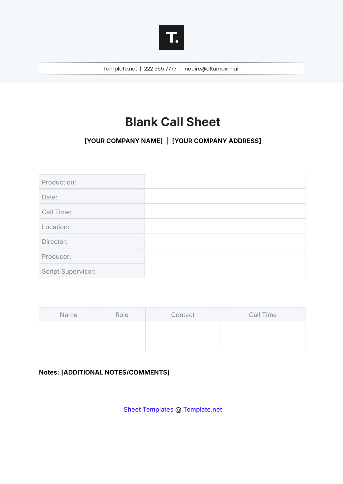 Blank Call Sheet Template - Edit Online & Download