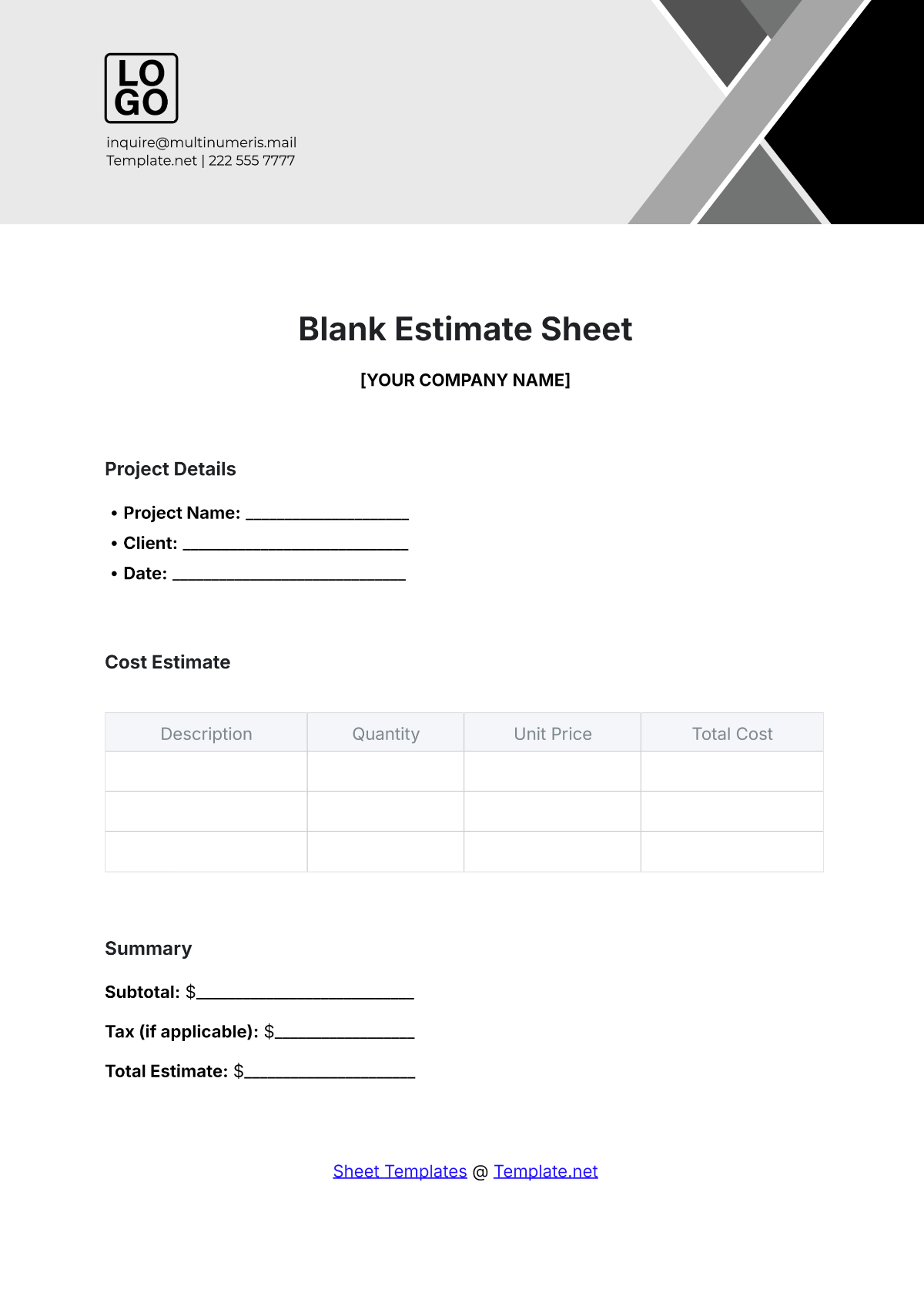 Blank Estimate Sheet Template - Edit Online & Download