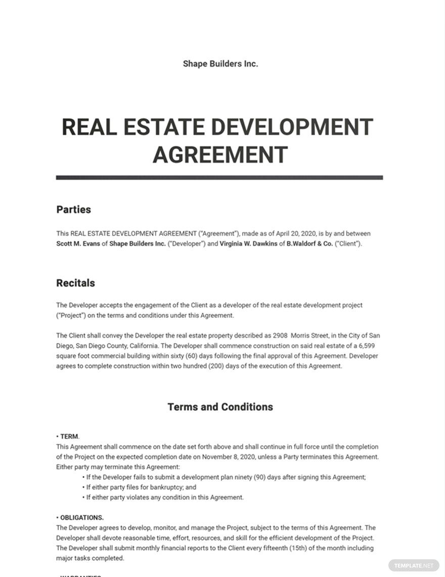 Real Estate Development Agreement Template