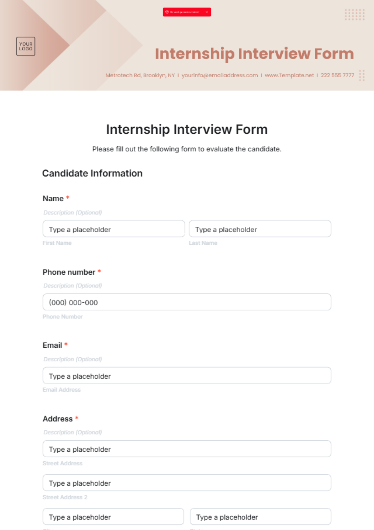 Internship Interview Form Template