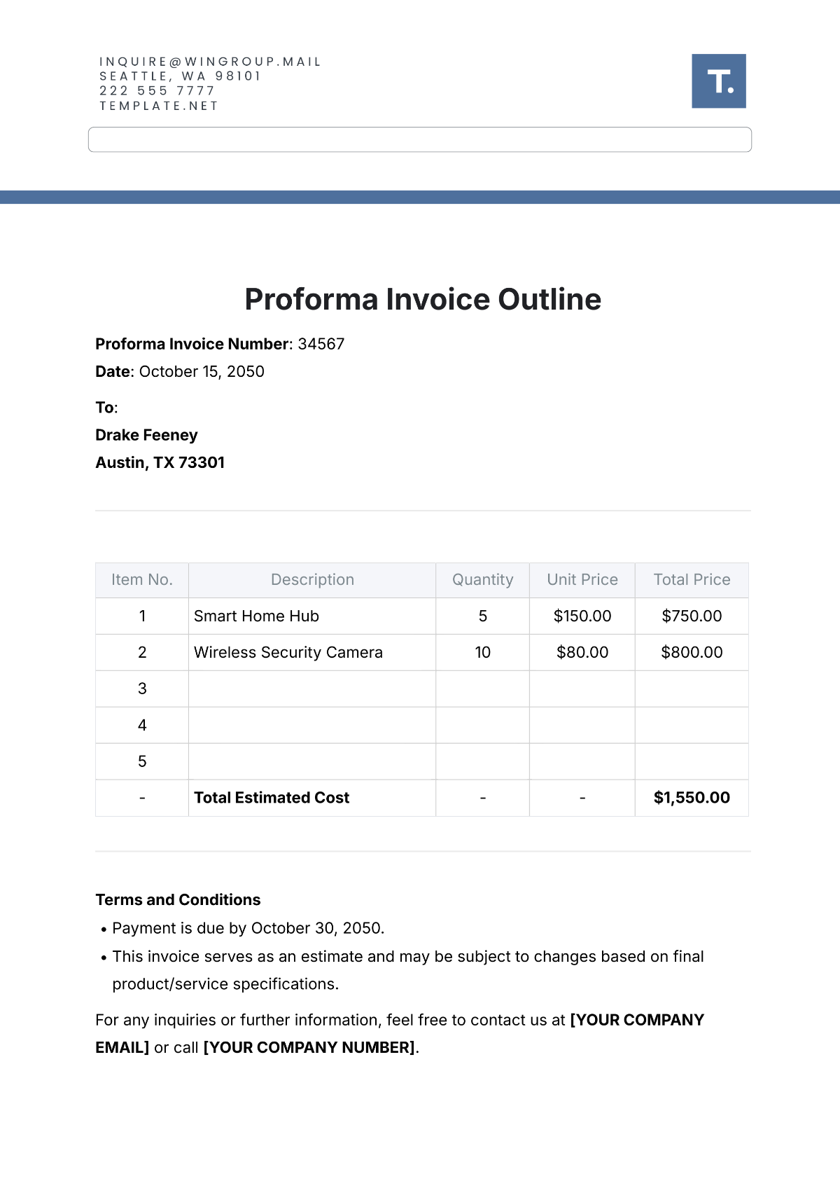 Proforma Invoice Outline Template - Edit Online & Download