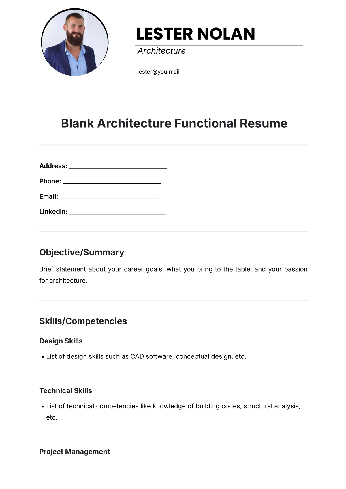 Blank Architecture Functional Resume Template - Edit Online & Download