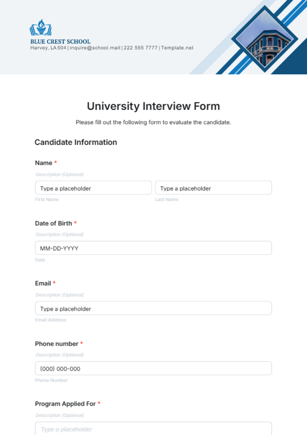 University Interview Form Template