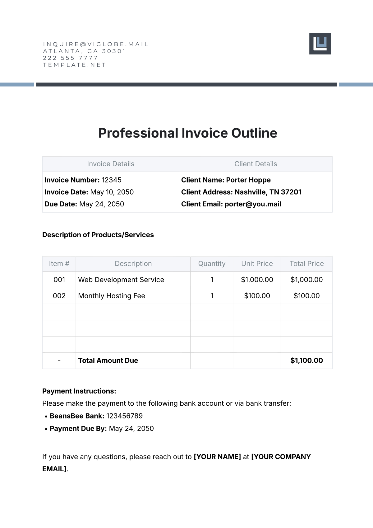 Professional Invoice Outline Template - Edit Online & Download