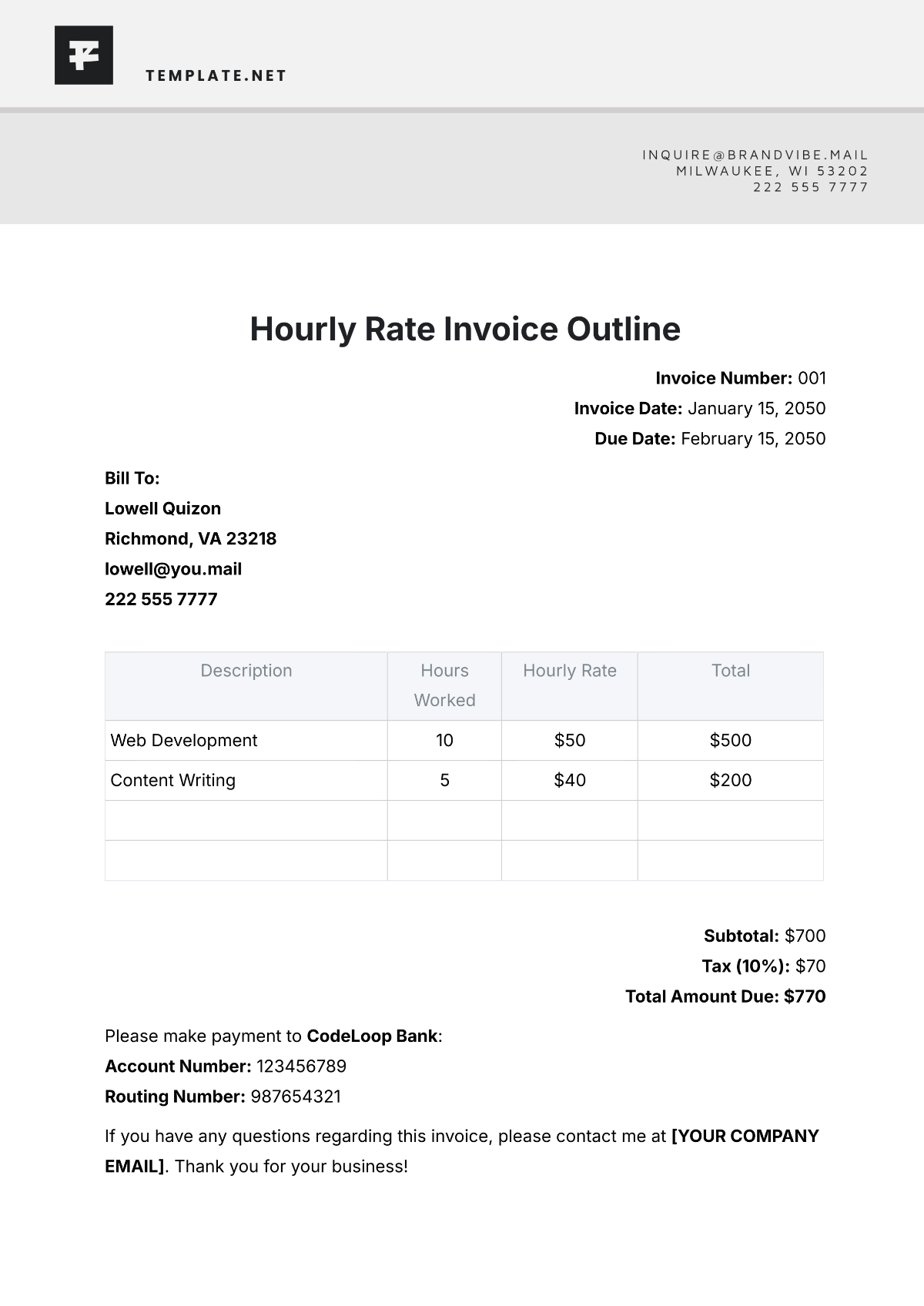 Hourly Rate Invoice Outline Template