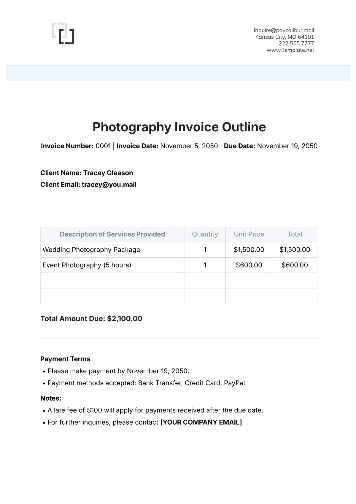 Photography Invoice Outline Template