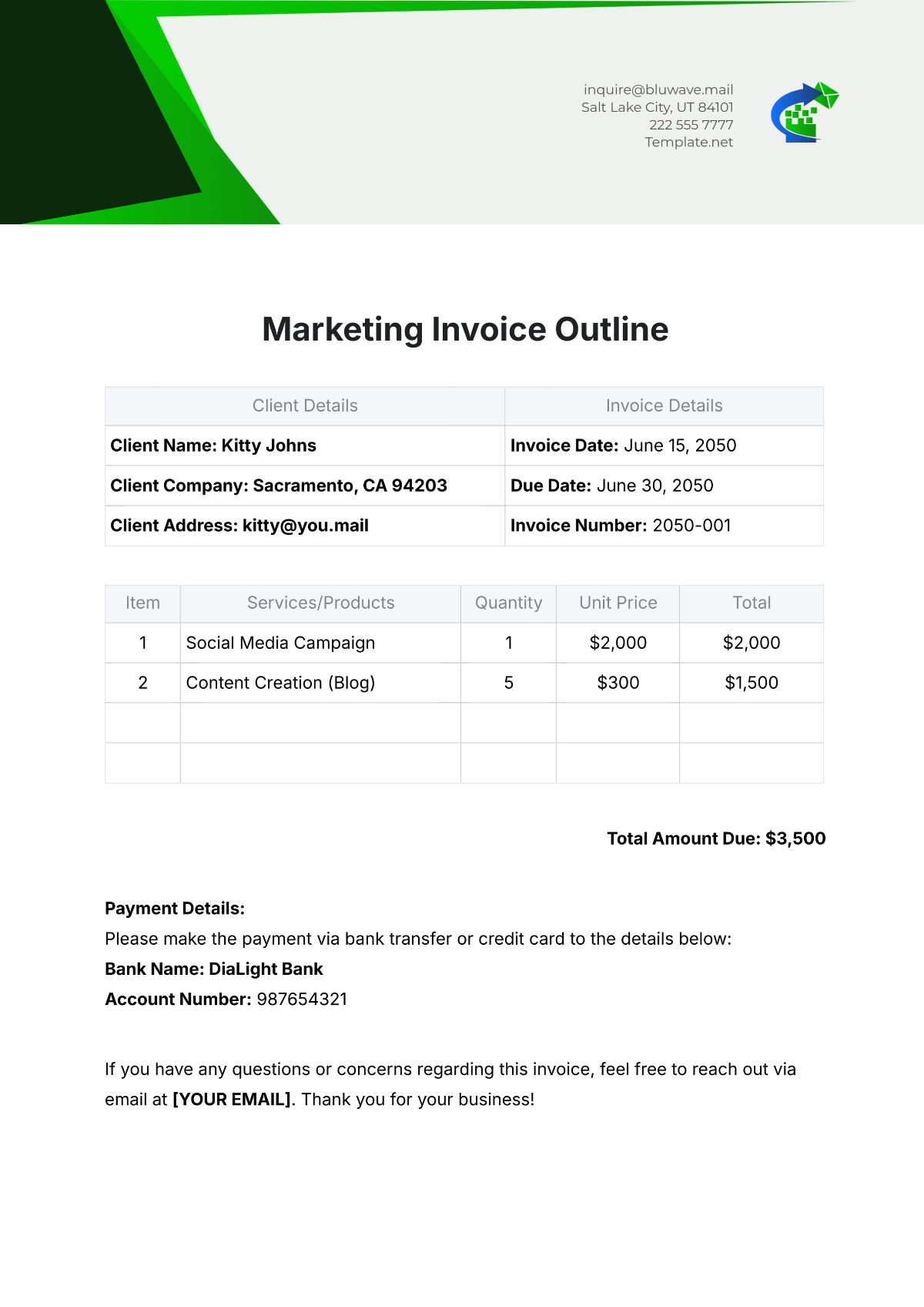 Marketing Invoice Outline Template