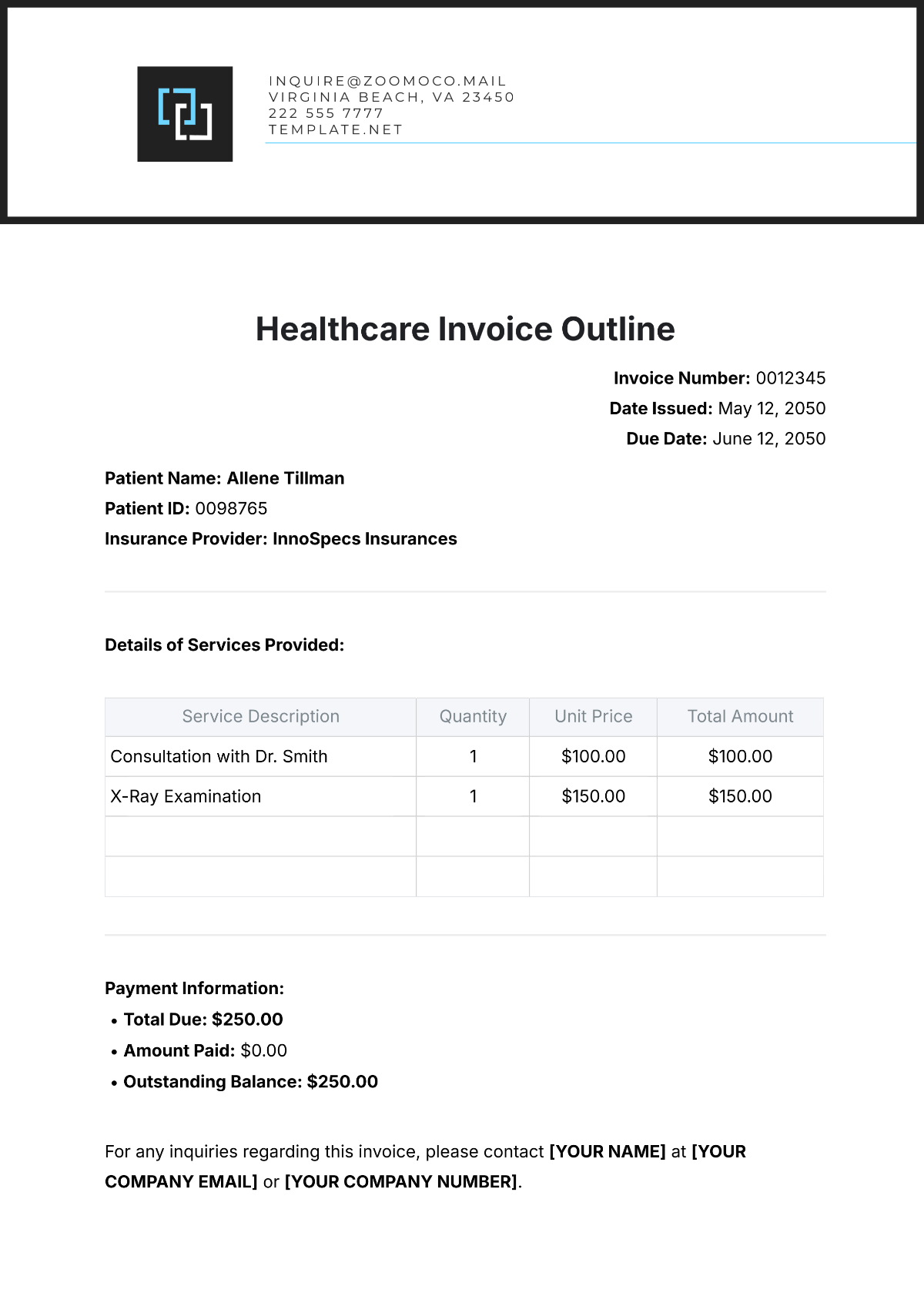 Healthcare Invoice Outline Template