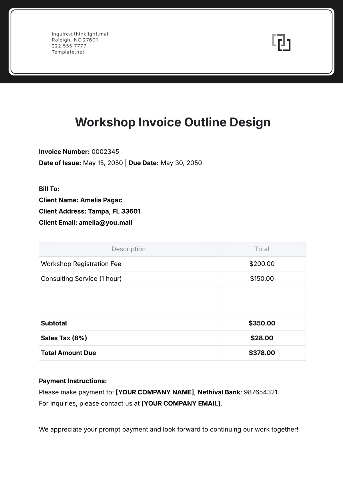 Workshop Invoice Outline Design Template