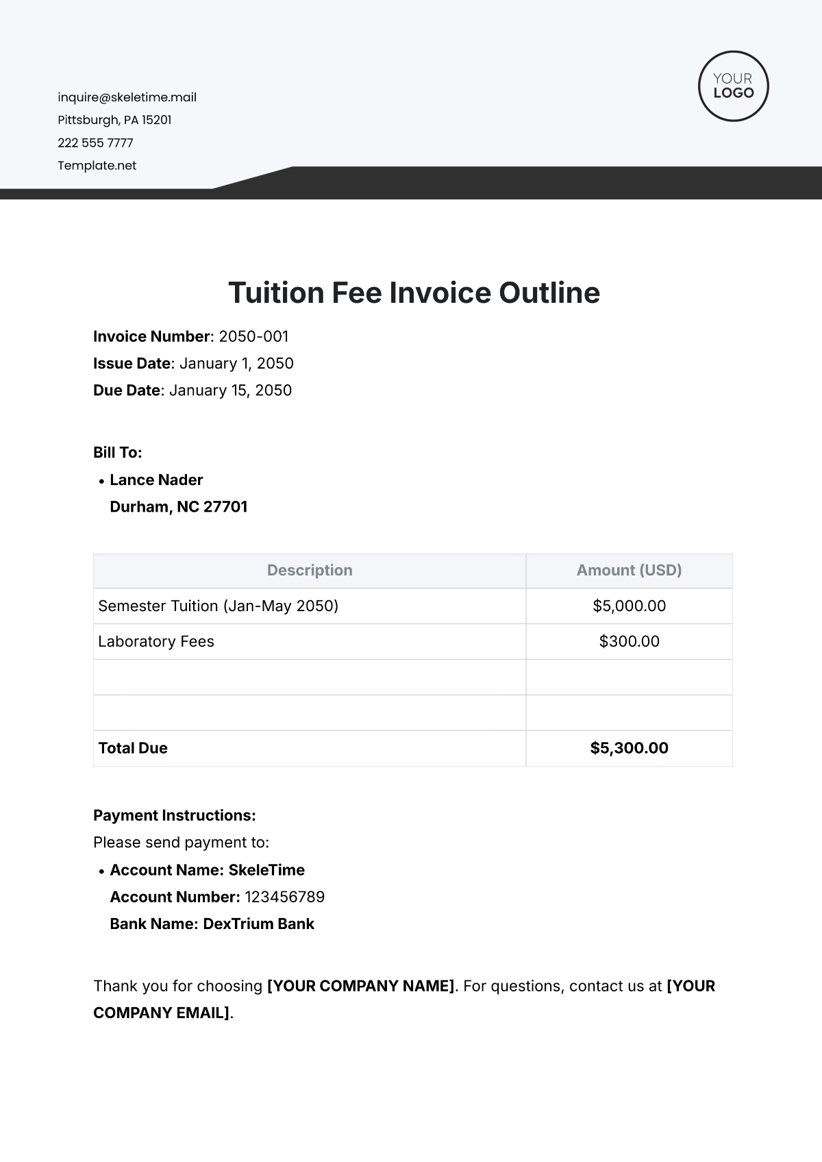 Tuition Fee Invoice Outline Template - Edit Online & Download