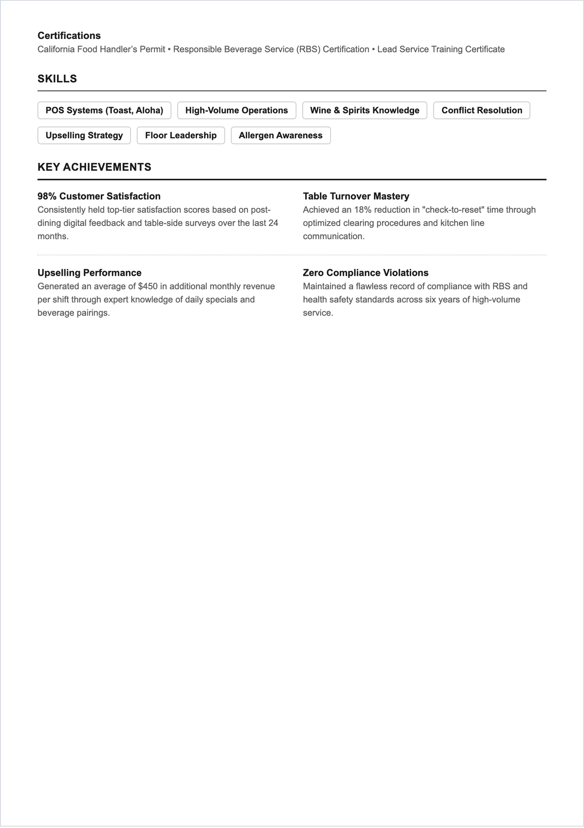 Free Hospitality Worker ATS Resume Template, AI Resume Builder