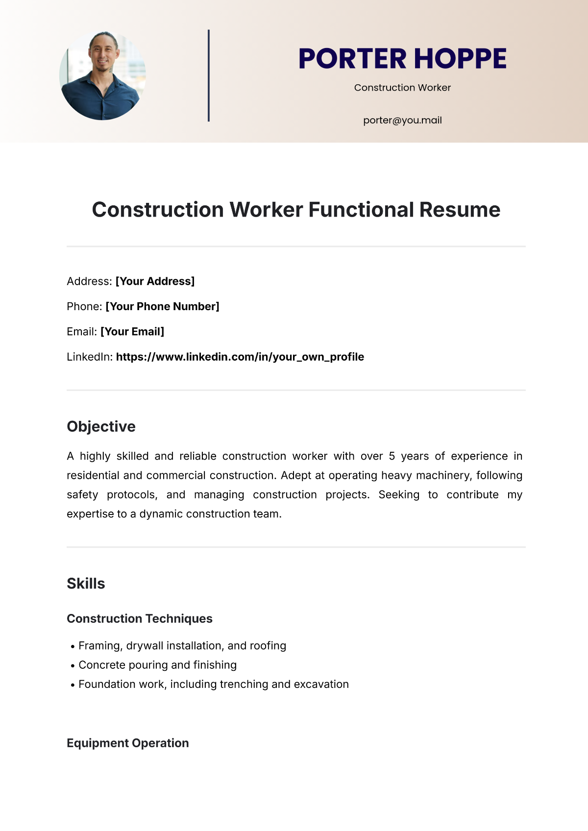 Construction Worker Functional Resume Template - Edit Online & Download