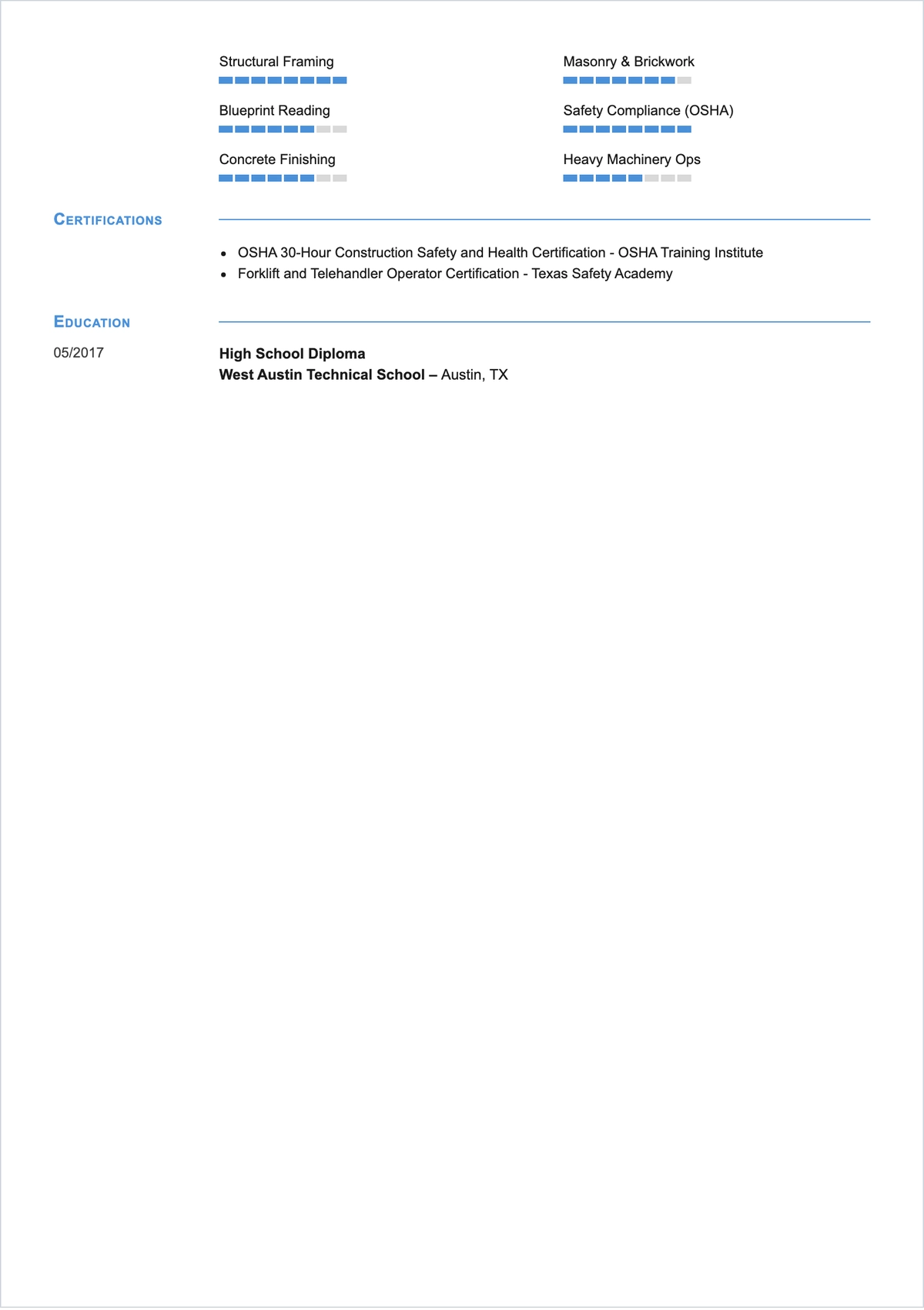 Free Construction Worker Functional ATS Resume Template