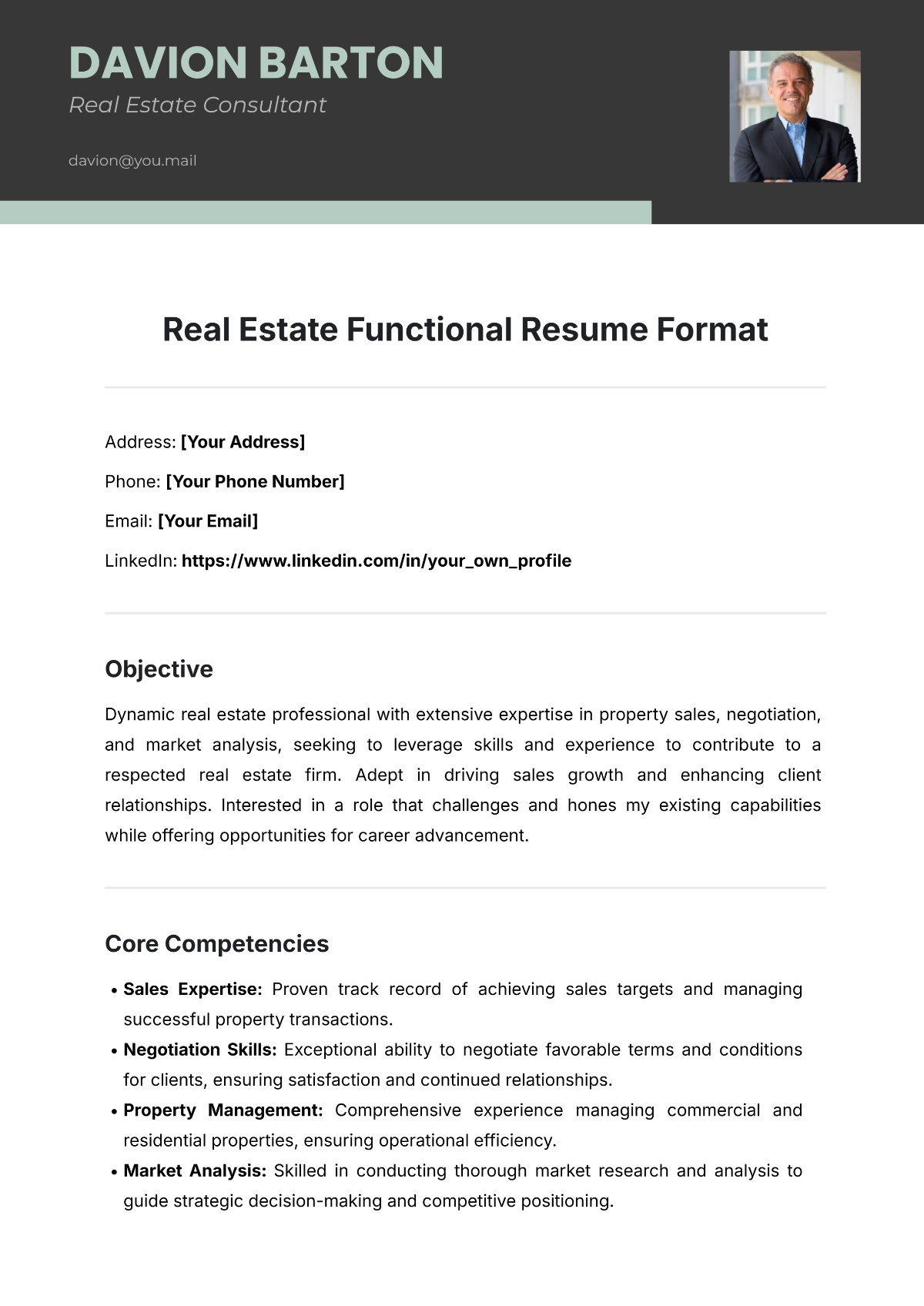 Real Estate Functional Resume Format Template - Edit Online & Download