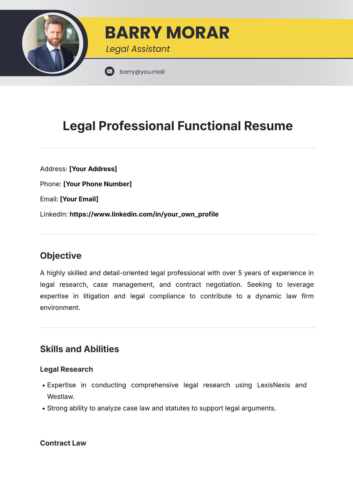 Legal Professional Functional Resume Template - Edit Online & Download