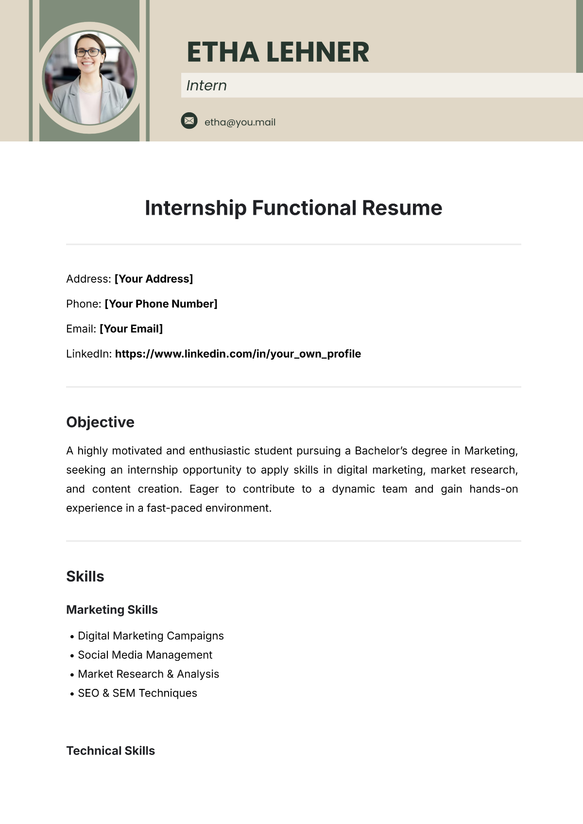 Internship Functional Resume Template - Edit Online & Download