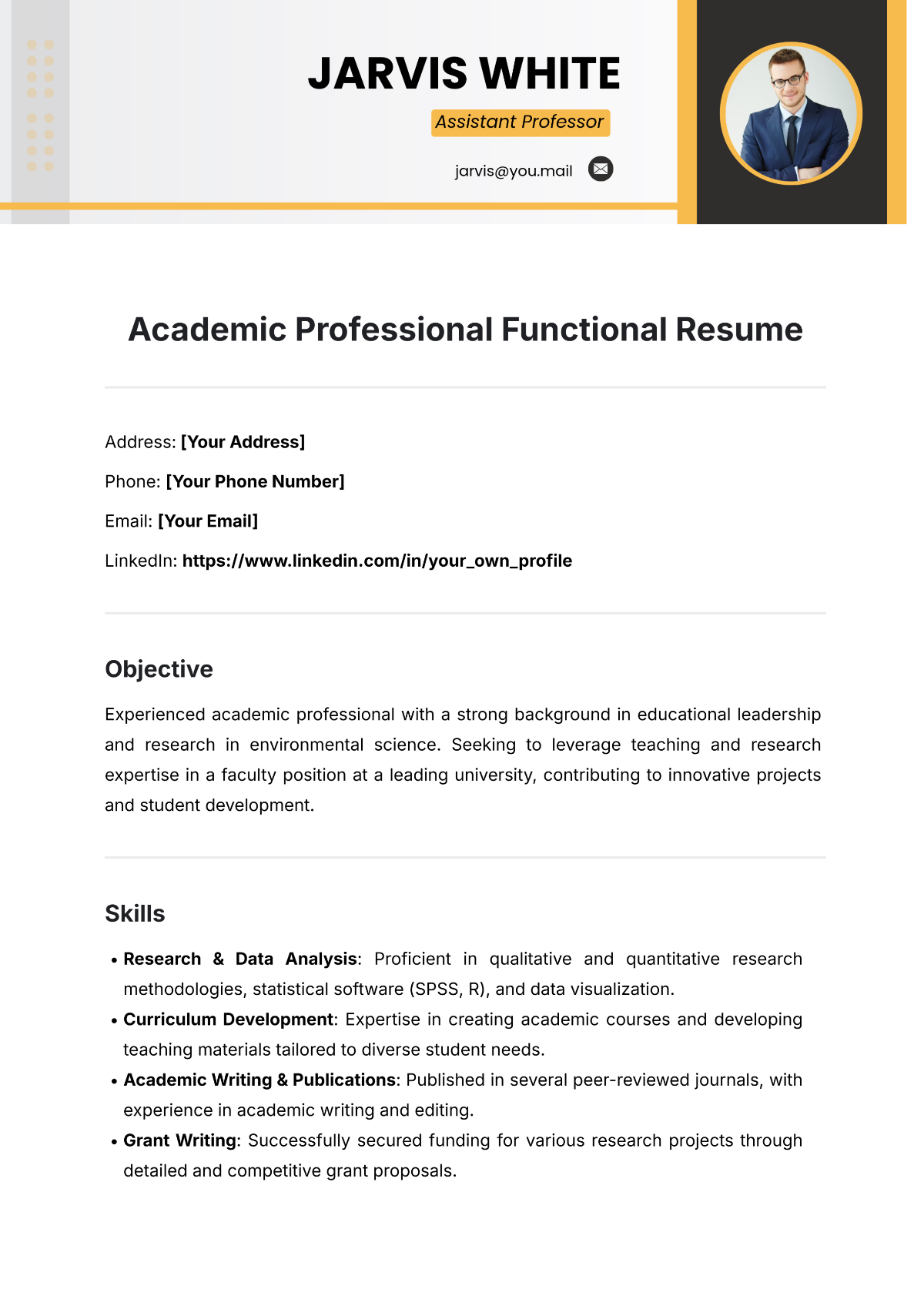 Academic Professional Functional Resume Template - Edit Online & Download