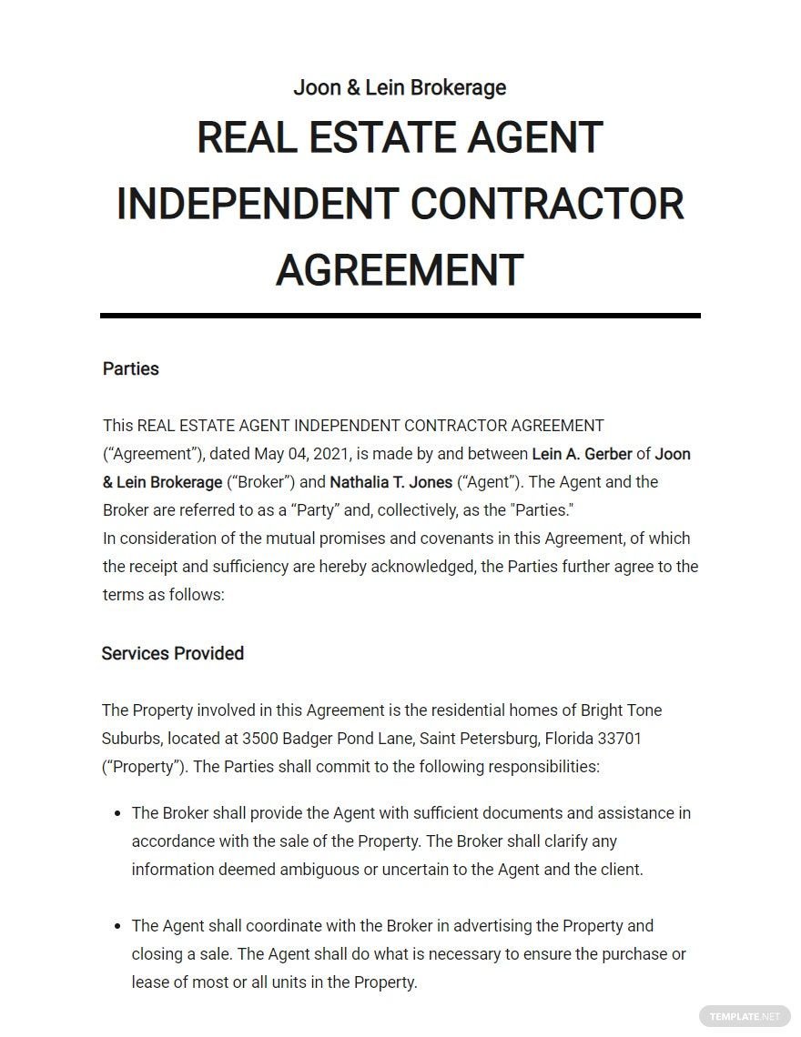 Real Estate Agent Independent Contractor Agreement Template