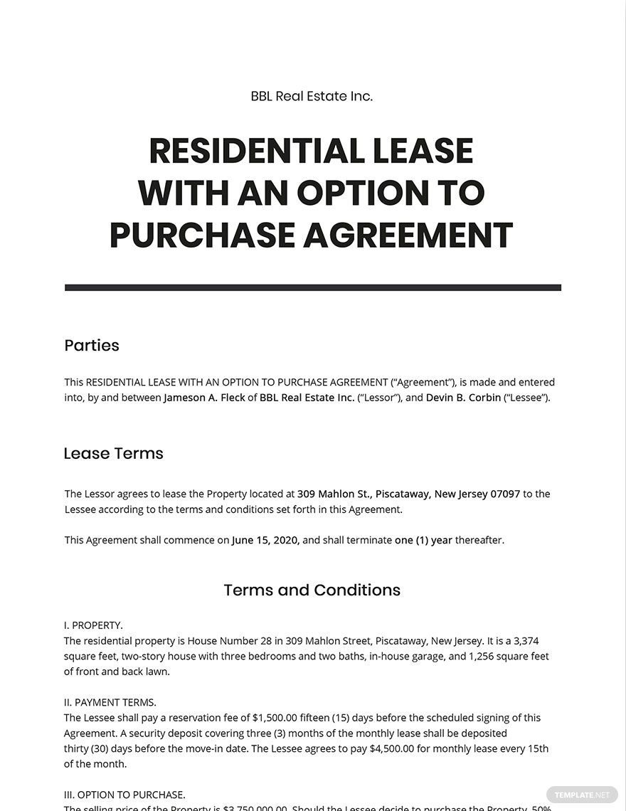 Residential Lease with an Option to Purchase Agreement Template