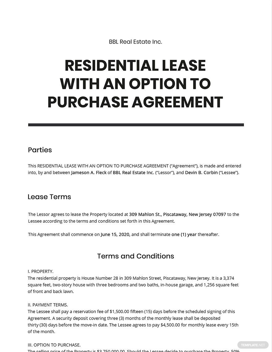 Residential Lease With An Option To Purchase Agreement Template In Word 
