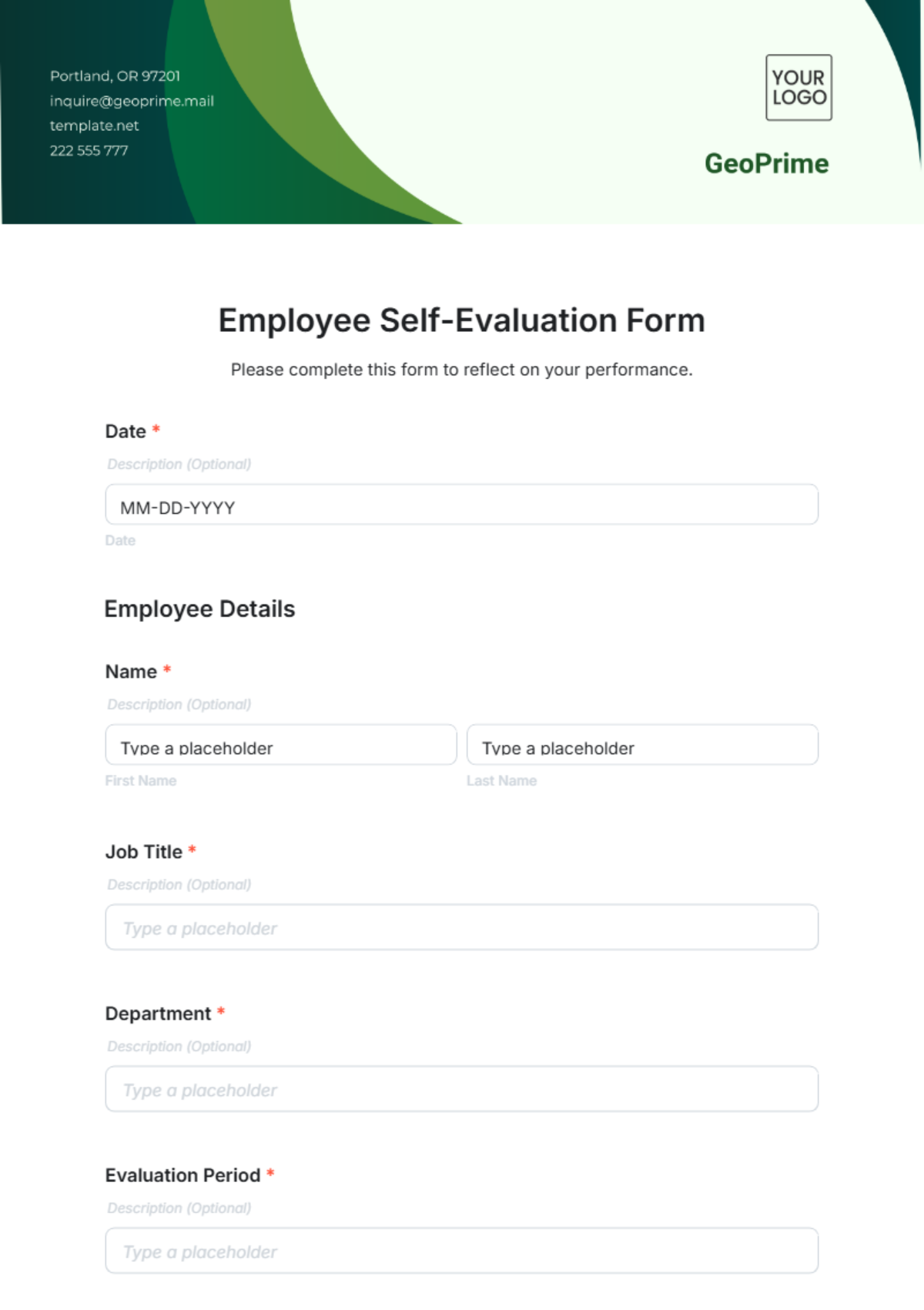 Employee Self-Evaluation Form Template - Edit Online & Download