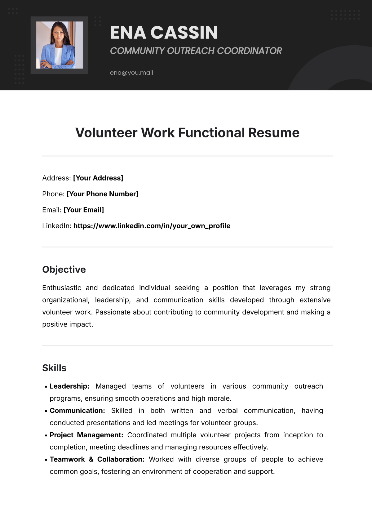 Volunteer Work Functional Resume Template