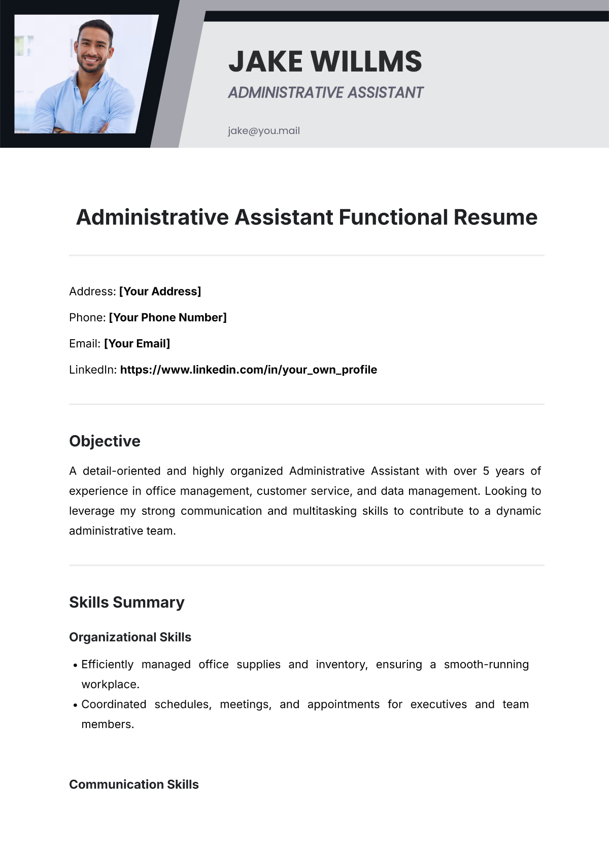 Administrative Assistant Functional Resume Template - Edit Online & Download