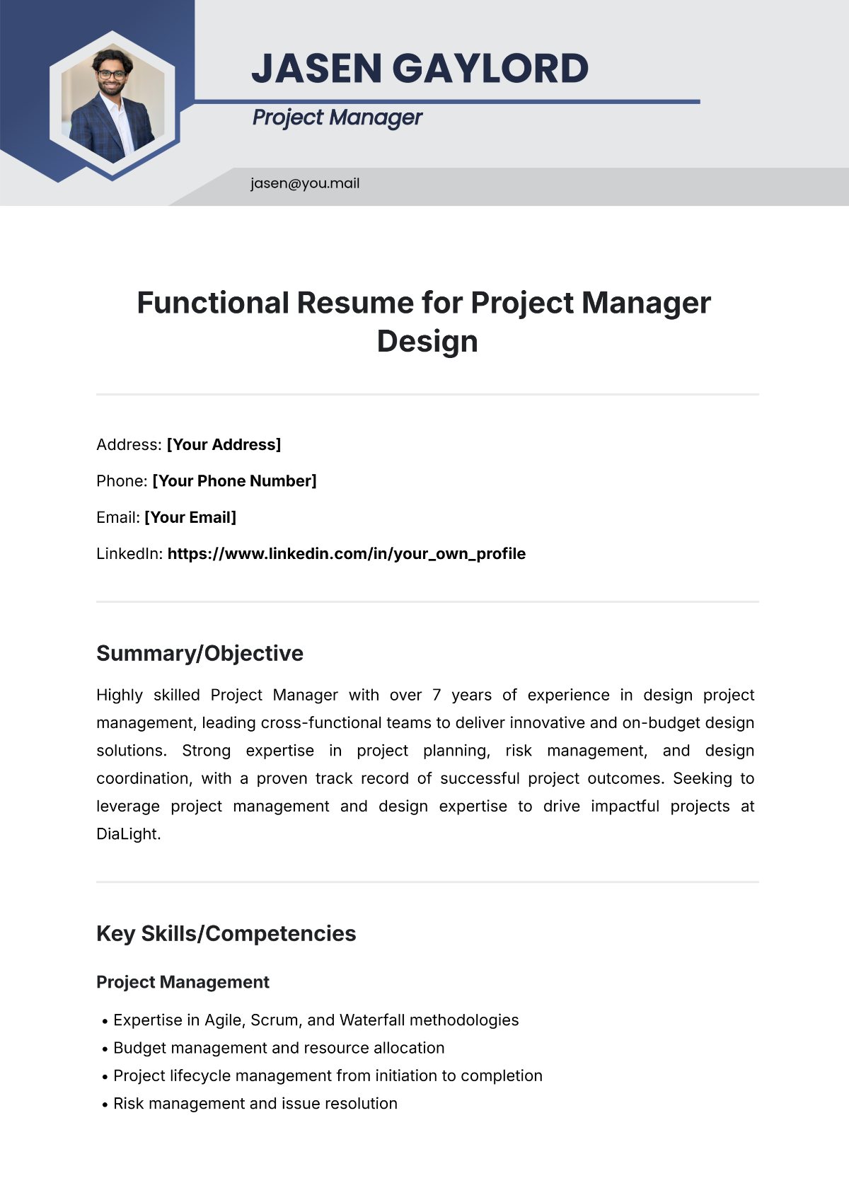 Functional Resume for Project Manager Design Template - Edit Online & Download