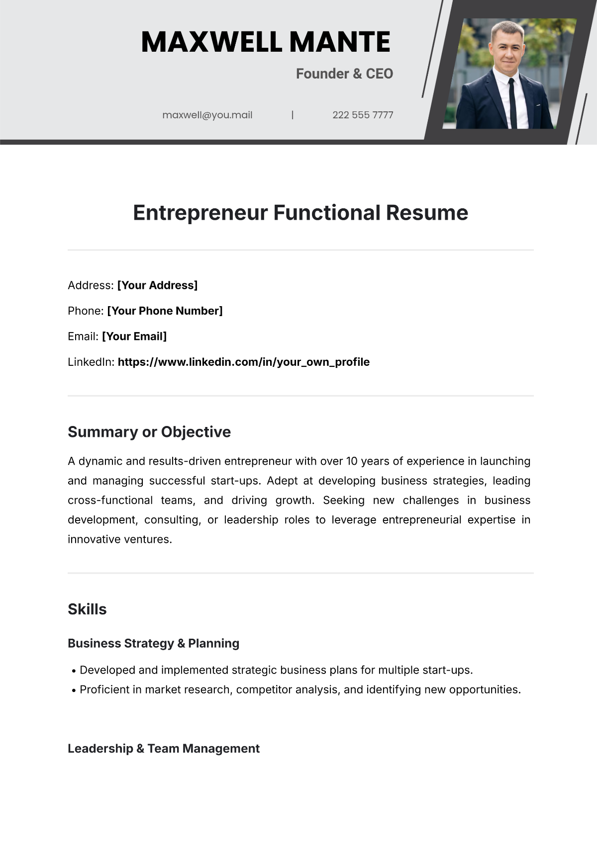 Entrepreneur Functional Resume Template - Edit Online & Download