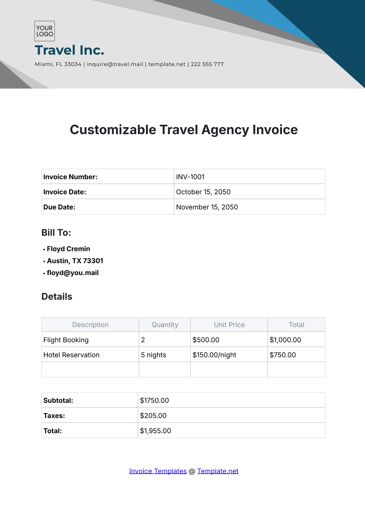 Customizable Travel Agency Invoice Template