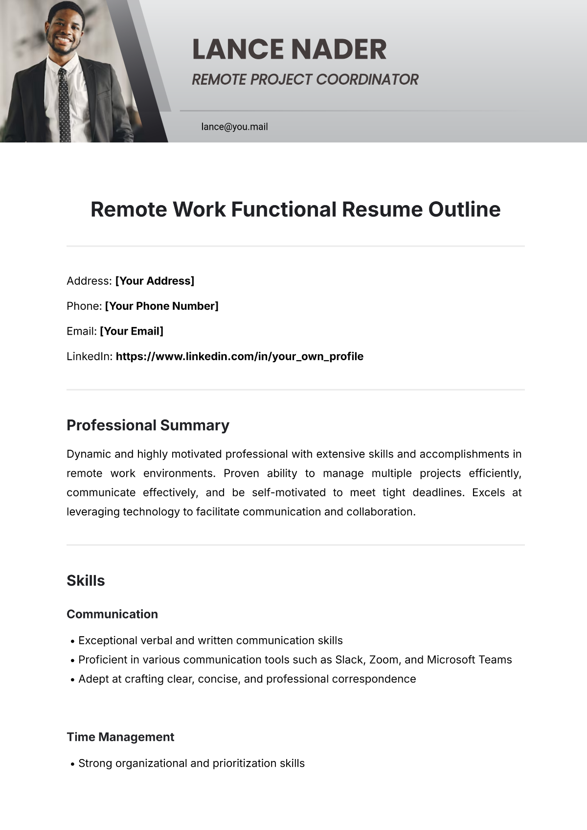 Remote Work Functional Resume Outline Template - Edit Online & Download