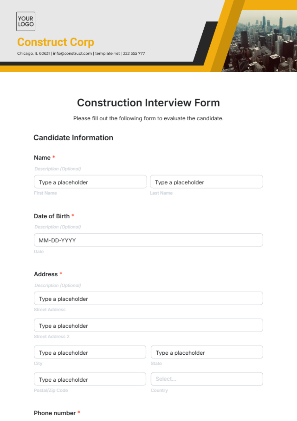 Construction Interview Form Template