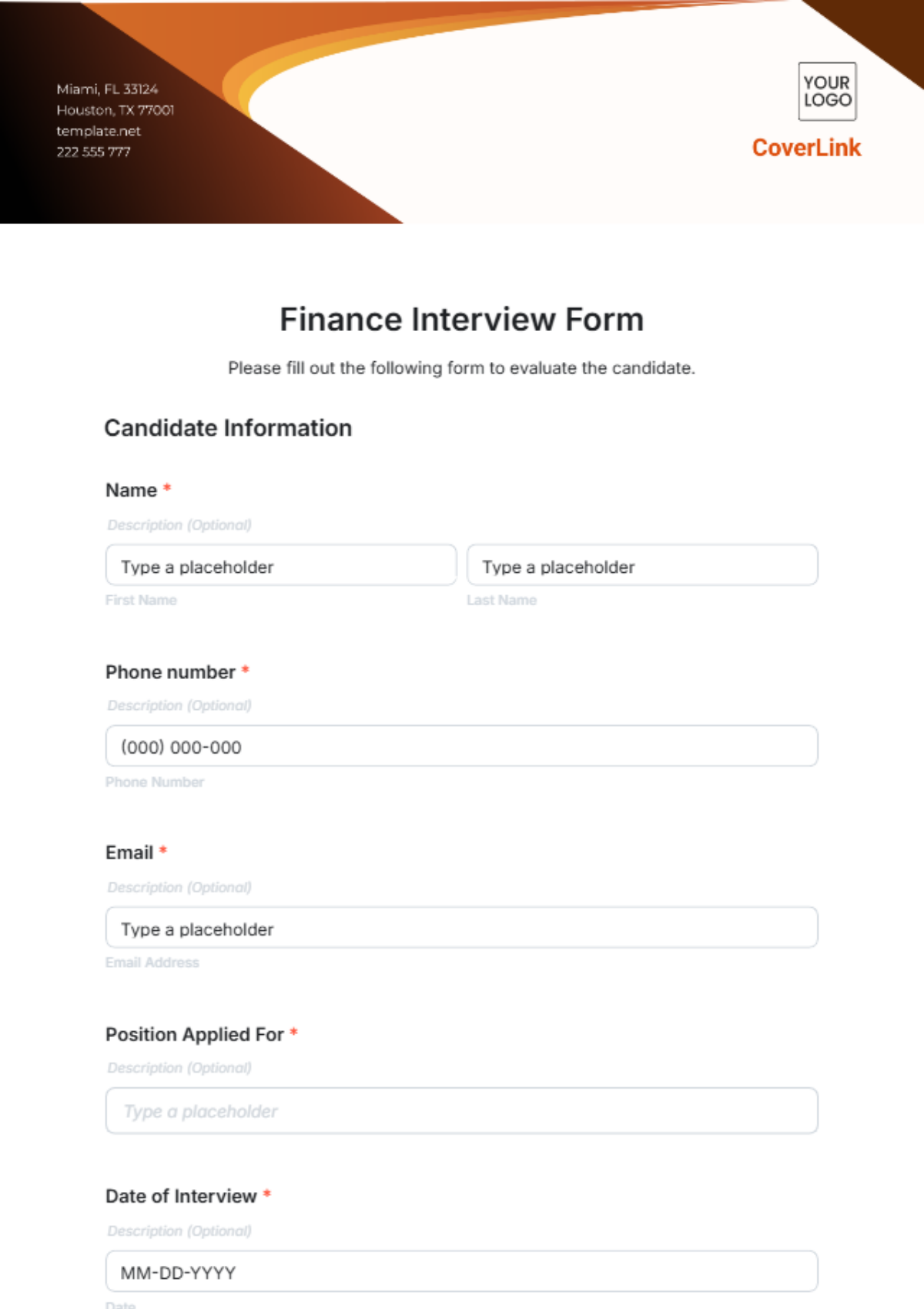 Finance Interview Form Template