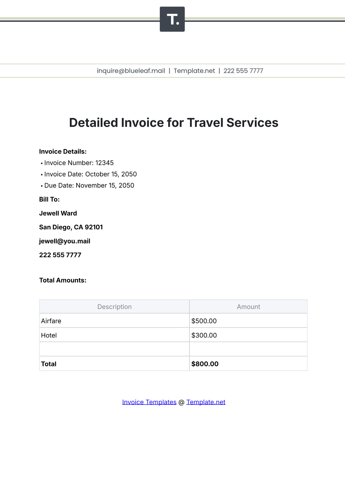 Detailed Invoice Template for Travel Services - Edit Online & Download