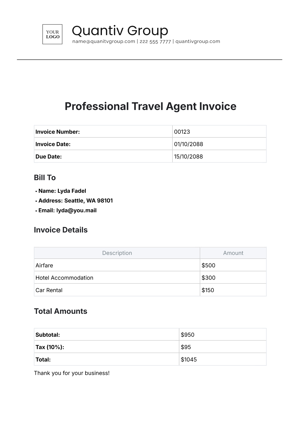 Professional Travel Agent Invoice Template - Edit Online & Download