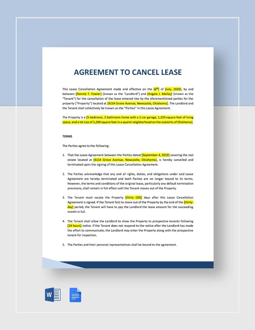 Agreement to Cancel Lease Template