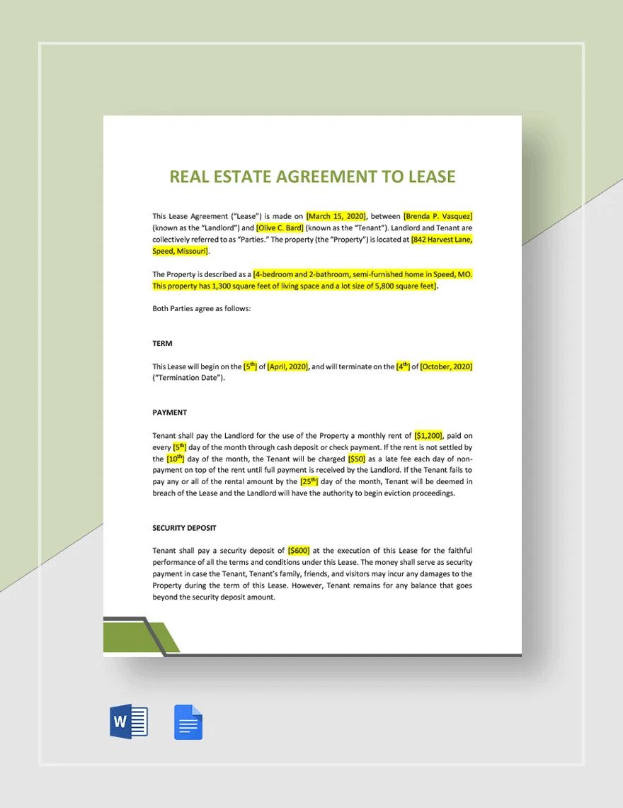 Agreement to Lease Template
