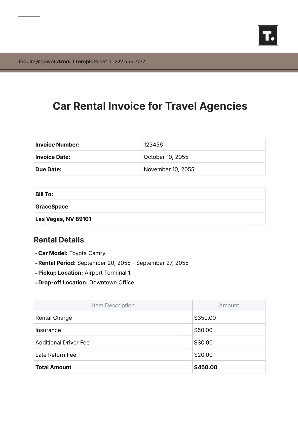 Car Rental Invoice Template for Travel Agencies - Edit Online & Download